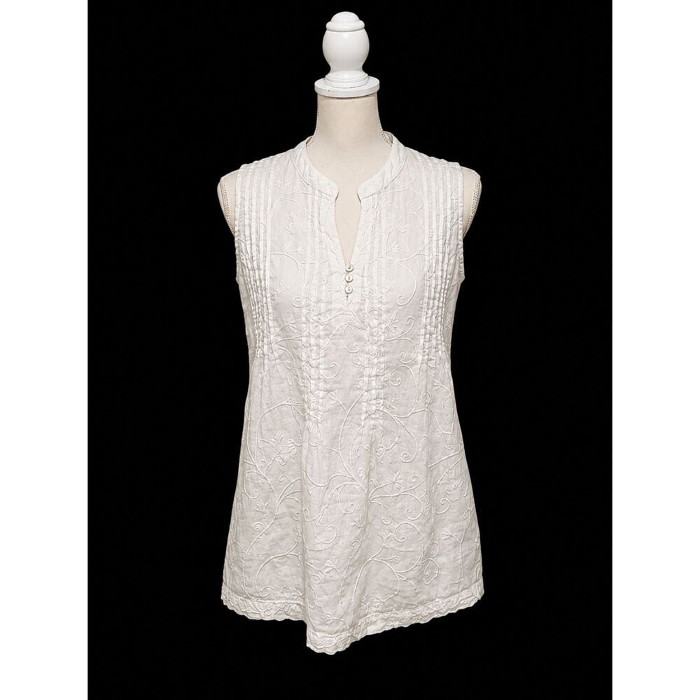 St. Tropez 100% Linen White Sleeveless Pintuck Blouse | Size Small
